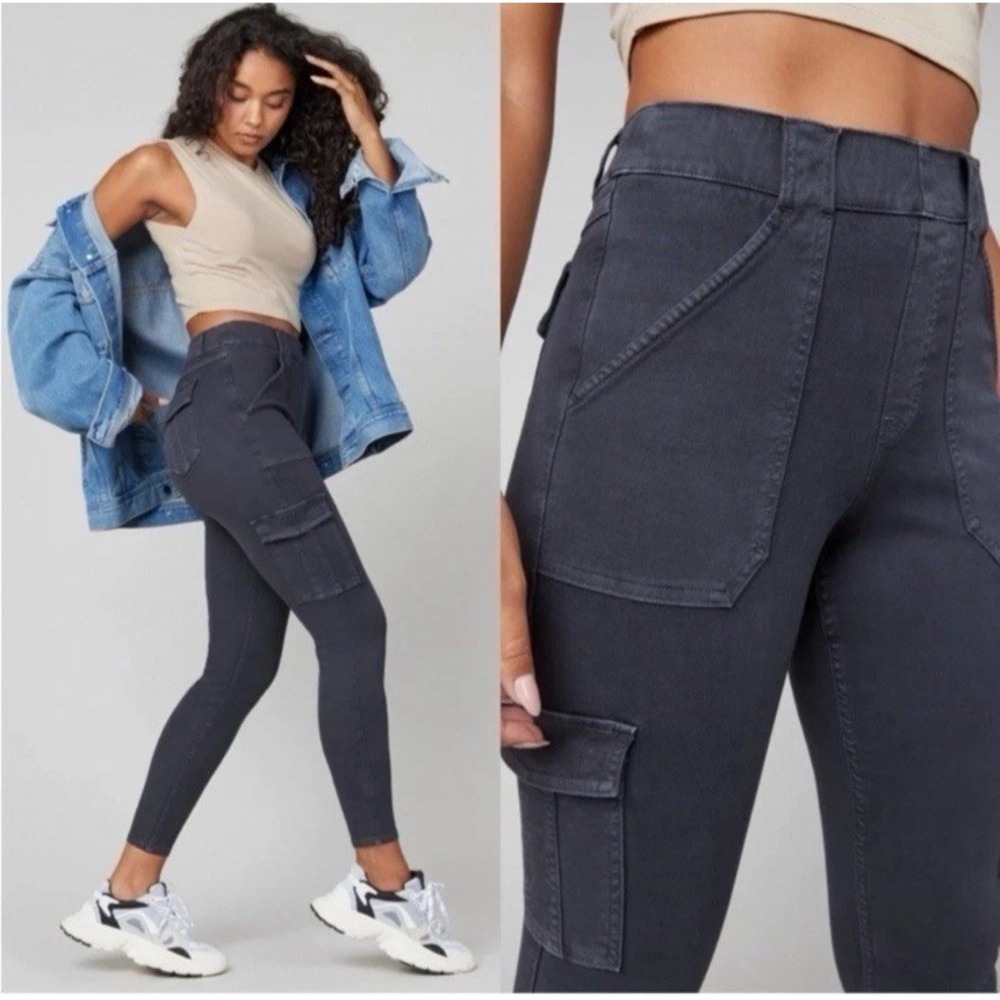 Spanx Stretch Twill Cargo Pants Women's M Washed Black High Rise Utility NWT